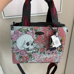 Ed Hardy Pink and Black Floral Skull Canvas Satchel